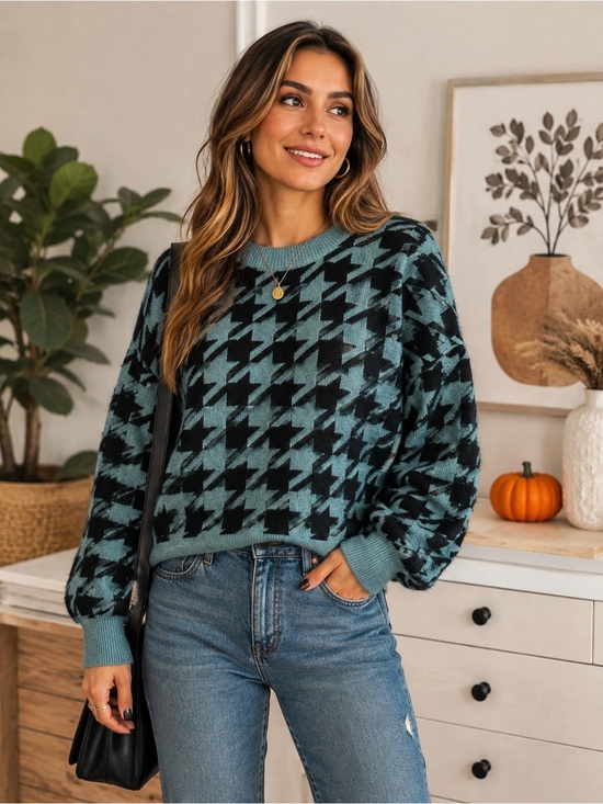LOFT Tops - LOFT Houndstooth Balloon Sleeve Sweater – Blue/Black – Size XL